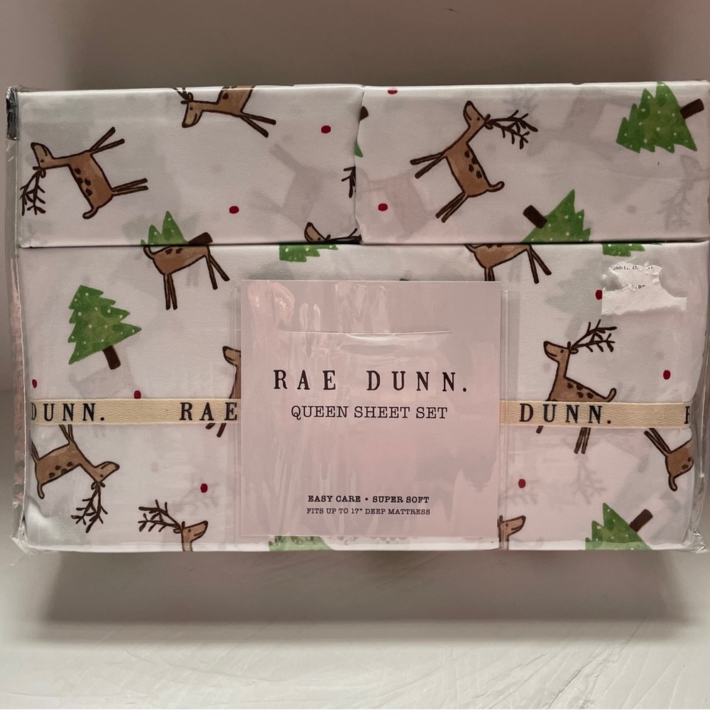 Rae Dunn White Holiday Reindeer & Green Tree Queen Sheet Set